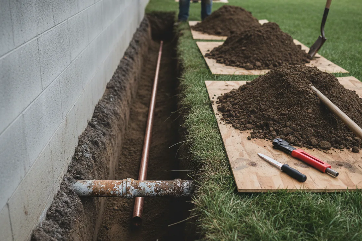 Excavated water line trench during Water Softener Installation in Lincolndale